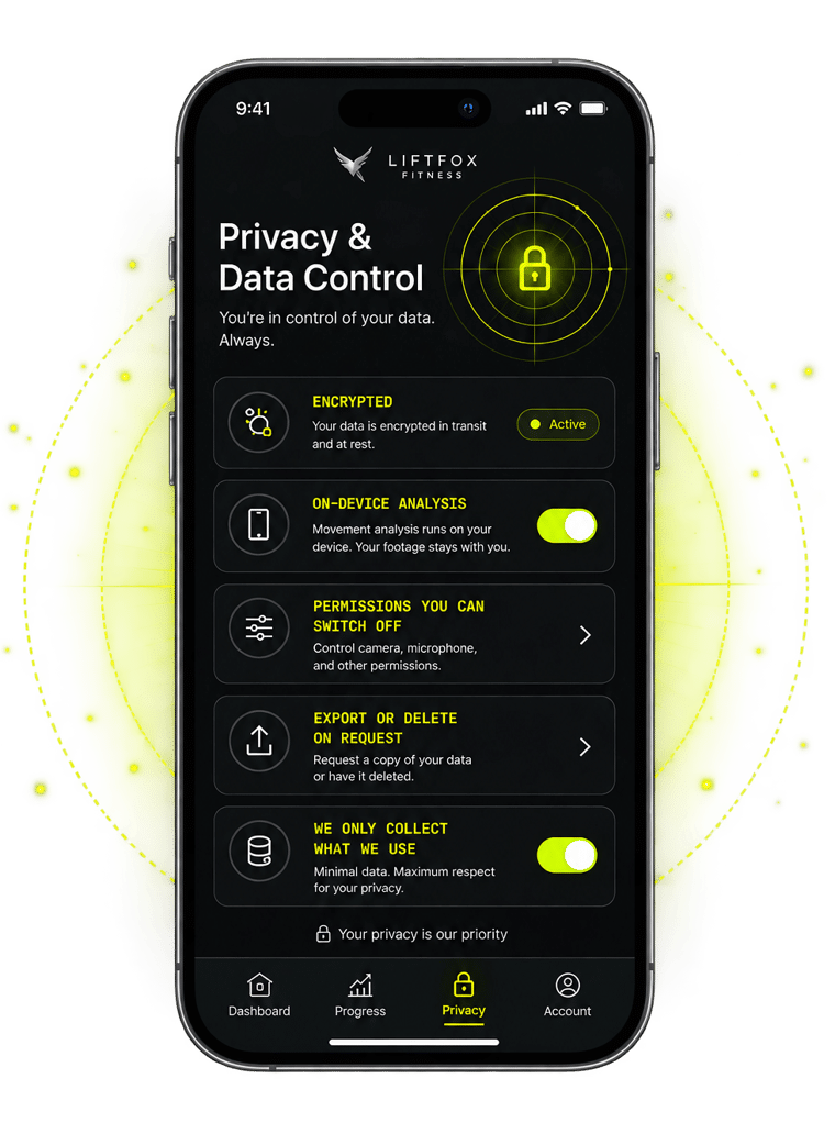 LiftFox app privacy and data control screen on a phone